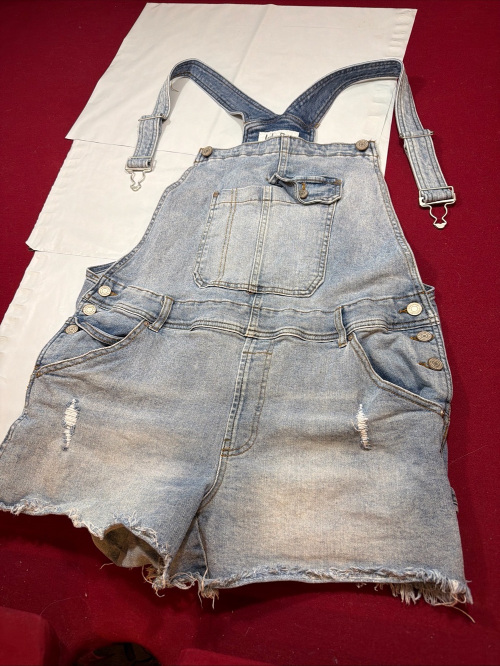 Light Blue Denim Bib Overall Shorts Cut Offs Distressed Raw Hem Grunge Womens Lg